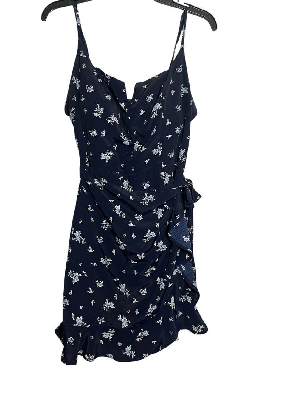 Speechless Navy Floral Ruffle-Trim Wrap Mini Dress - Picture 2 of 4